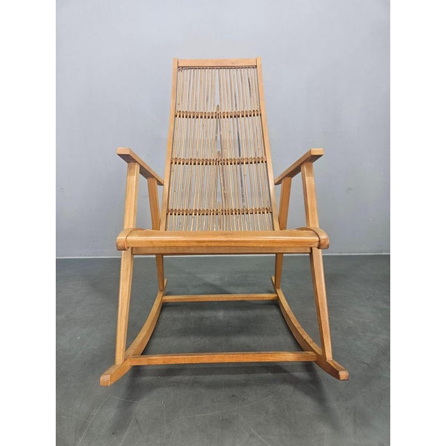 Mid-Century Modern Midcentury Wood and Rattan Rocking Chair, Denmark, 1960s For Sale - Image 3 of 12