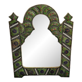 Moorish Arched Mirror in Enameled Cloisonné With Bone Inlays, Morocco C. 1950's For Sale