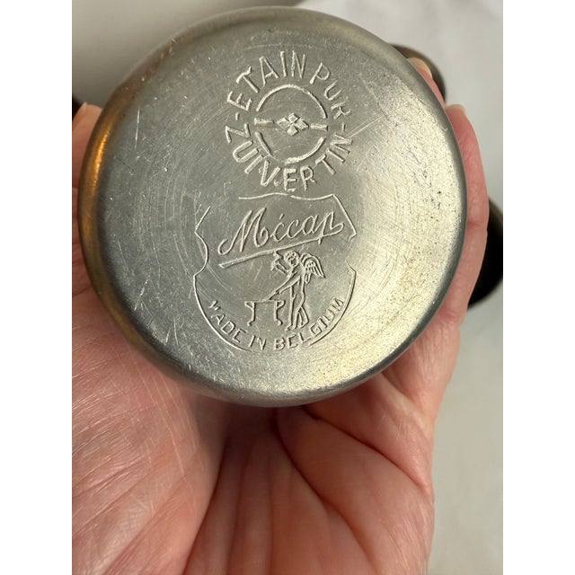 Vintage Set of 5 Heraldic Crest Style Mecap Pewter Tumbler Cups Made in Belgium For Sale - Image 6 of 8