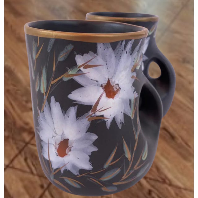 Mid-Century Vallauris Black White Floral Blossoms Terracotta Mugs- A Pair For Sale - Image 11 of 18
