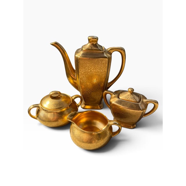 Hollywood Regency Late 20th Century Wheeling Decorating Co. 22k Gold Doves, Roses & Daisies 4-Piece Tea & Coffee Service - Set of 4 For Sale - Image 3 of 7