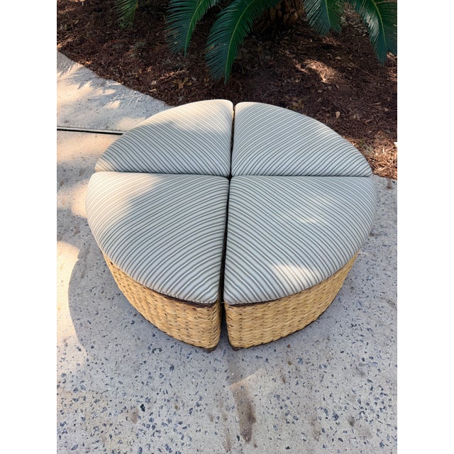 2010s Round Woven Wicker Coffee/Game Table Set With Matching Nesting Stools Ottomans and Glass Top For Sale - Image 5 of 12