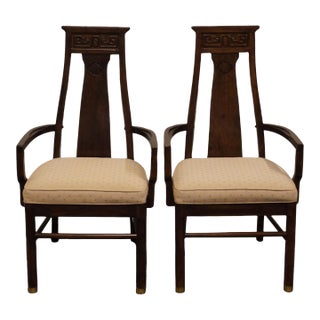 Set of 2 High End Walnut Asian Chinoiserie Dining Arm Chairs For Sale