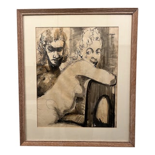 1955 William Oberman Pen and Ink Framed Figurative Drawing of Nude Woman With Man For Sale