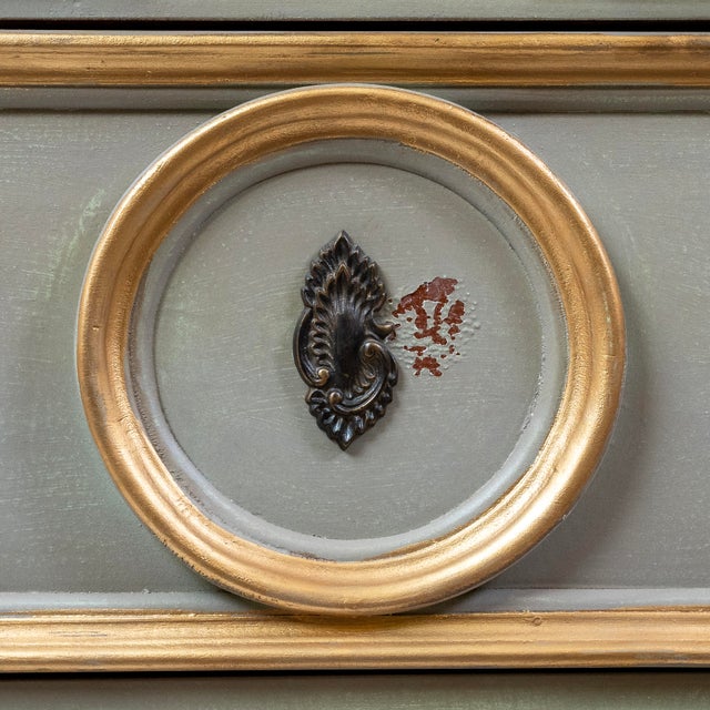 Wood 1990s Handcrafted Chest With Two-Toned Scrubbed Gray Painted Red Finish and Gold Leaf Accents For Sale - Image 7 of 7