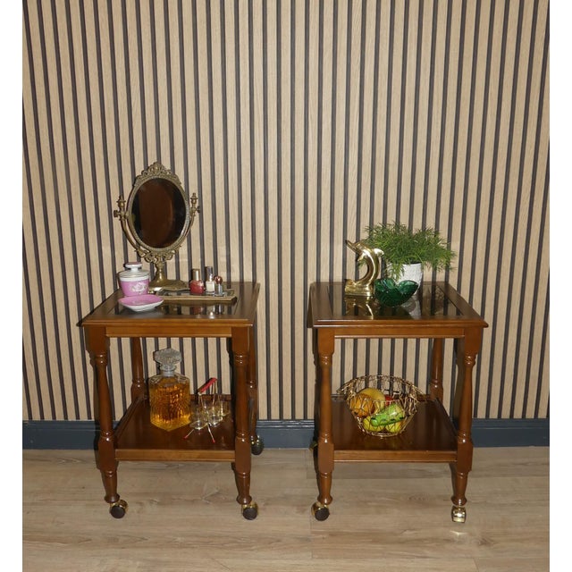 Vintage Square Bedside Tables in Wood and Glass on Wheels, 1960s-1970s, Set of 2 For Sale - Image 10 of 11