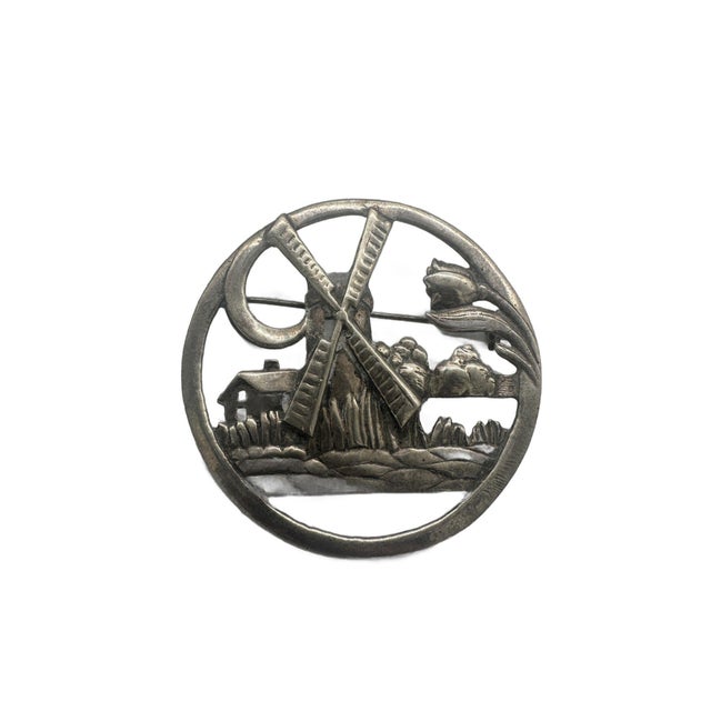 Vintage 925 Sterling Silver Delft Dutch Windmill Floral Brooch Pin For Sale - Image 4 of 5