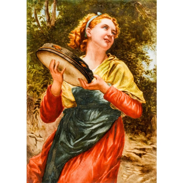 Art Nouveau Art Nouveau Maiden Antique German Porcelain Tile Painting Carved Wood Frame For Sale - Image 3 of 15