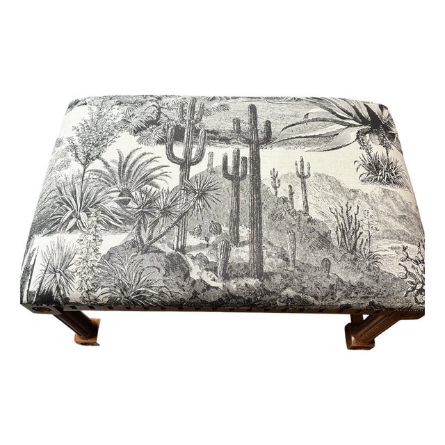 Vintage French Ottoman Upholstered in Pierre Frey "Tampa Noir" For Sale