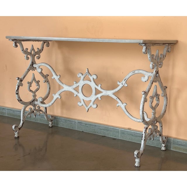 French French Solid Cast Iron French Scrolling "Butterfly" Coffee Table With Marble Top For Sale - Image 3 of 8