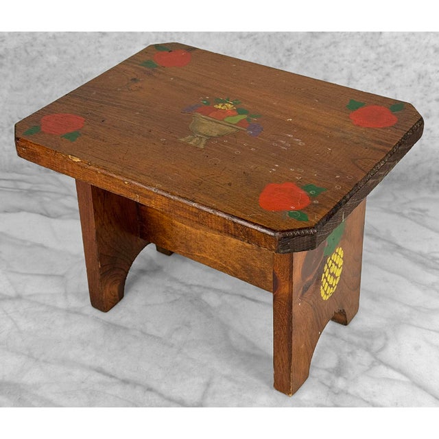 Mid 20th Century Vintage Farmhouse Folk Art Painted Pine Footstool For Sale - Image 5 of 10