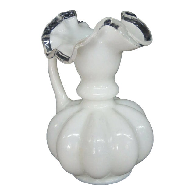 Fenton Silver Crest Melon Style White Milk Glass Ruffled Pitcher Vase For Sale