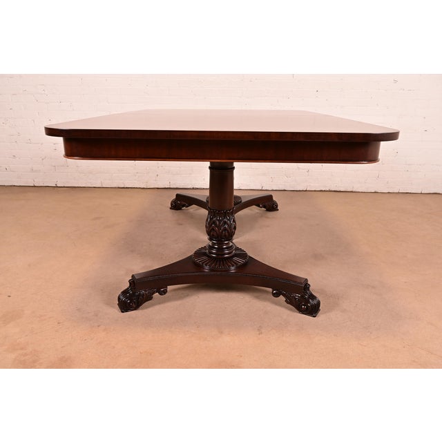 Baker Furniture Regency Banded Mahogany Double Pedestal Extension Dining Table, Newly Refinished For Sale - Image 14 of 17