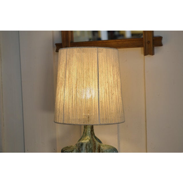 Vintage Brutalist Ceramic Lamp with Linen Shade, 1950s, in Very Good conditions. Designed 1950 to 1959 European Plug (up...