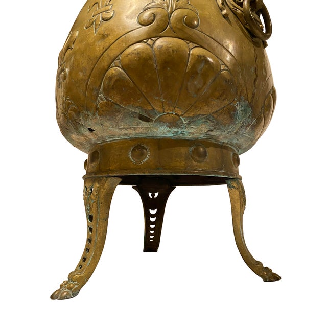 Rare, Large Antique English Jardinière With Brass Etchings and Lion Heads For Sale - Image 10 of 13