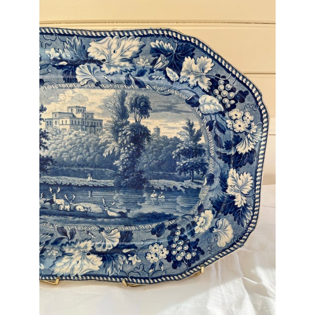 Enoch Wood & Sons Incredibly Rare Antique 19th Century Blue & White Enoch Wood Transfer-Printed Landscape Platter “Kenmount Dumfriesshire” Scotland Circa 1820’s For Sale - Image 4 of 12