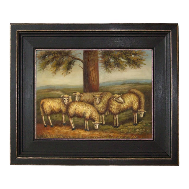 "Flock of Six Sheep in a Meadow" Framed Oil Painting Reproduction Print on Canvas For Sale