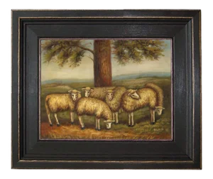 "Flock of Six Sheep in a Meadow" Framed Oil Painting Reproduction Print on Canvas
