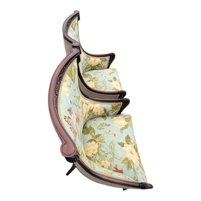 19th Century 1930s Pair Italian Fireside Chairs Floral Upholstery Carved Wood Accent Chairs For Sale - Image 5 of 17