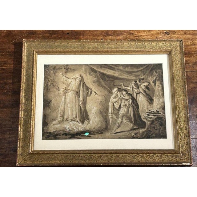Witchcraft scene, ink and white lead on paper. 17th-century Nordic artist. Interesting watercolor and white lead ink...