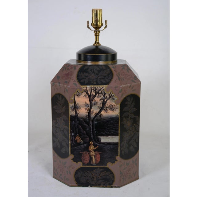 Metal Vintage Hand-Painted English-Style Chinese Export Tea Caddy Table Lamp - a Pair For Sale - Image 7 of 12