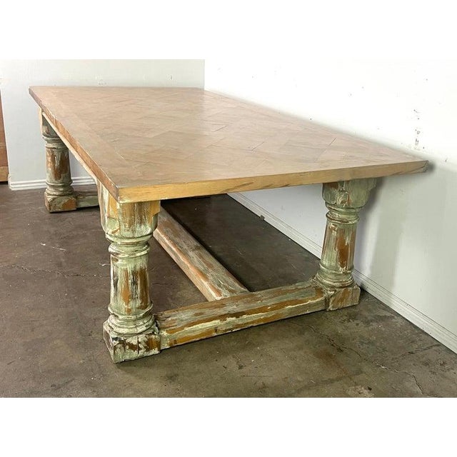 Rustic Rustic Painted Dining Table W/ Herringbone Pattern Top For Sale - Image 3 of 11