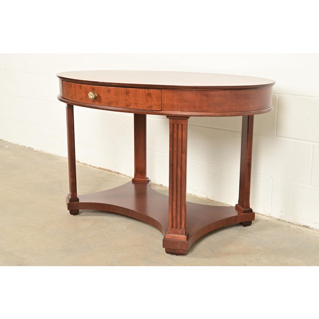 Biedermeier Baker Furniture French Empire Carved Cherry and Burl Wood Library Table or Center Table, Newly Refinished For Sale - Image 3 of 15