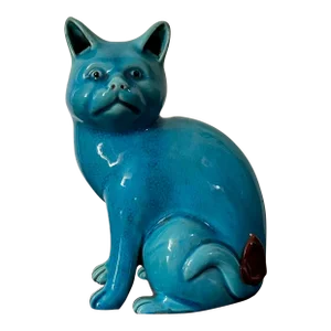 Antique 19th Century Chinese Export Monochrome Porcelain Cat in Turquoise Peacock Blue Glaze