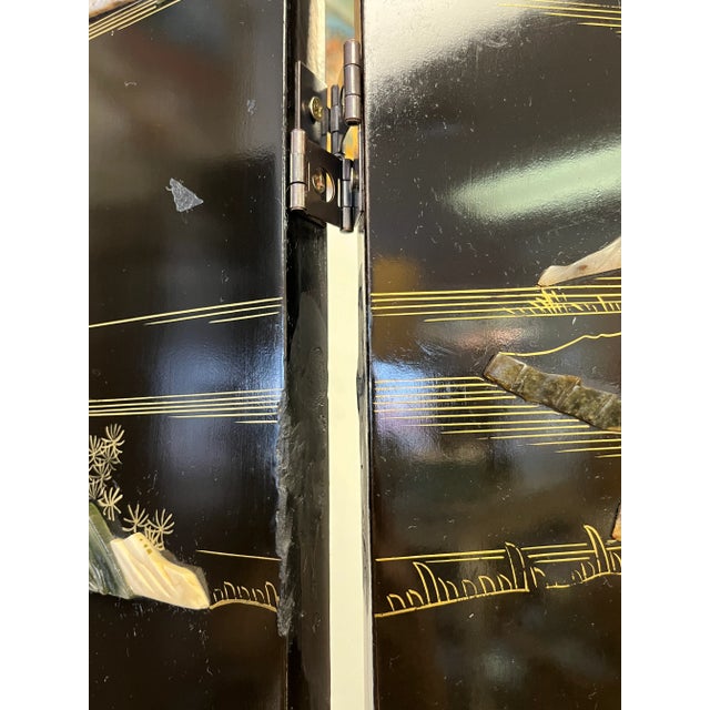 Mid Century Asian Double Sided Floor Screen Room Divider With Soapstone Decorations For Sale - Image 11 of 12