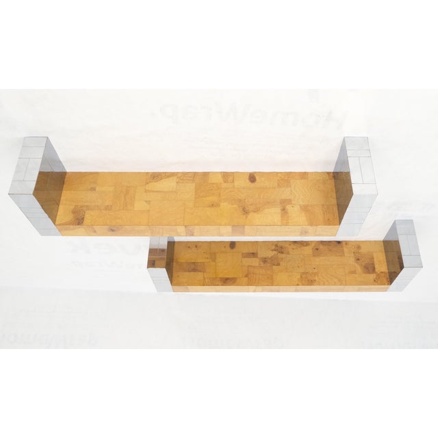 Pair Paul Evans Bracket Shape Burl Walnut Polished Chrome Hanging Shelves Mint For Sale - Image 10 of 11