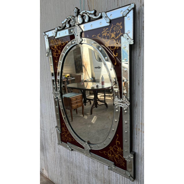 1880-1900 Venetian Mirror with Pediment Garnet Glass Adorned with Flowers For Sale - Image 18 of 18