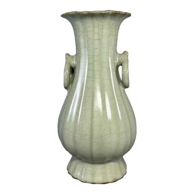 Vintage‑Style Chinese Longquan Celadon Lobed Vase With Ring Handles For Sale