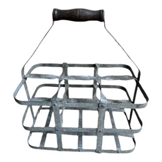1930s French Zinc Bottle Carrier With Wood Handle For Sale