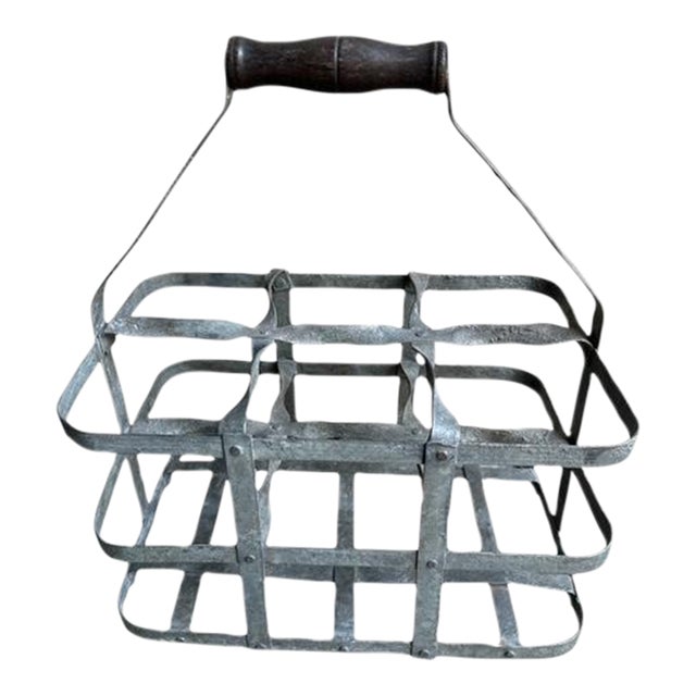 1930s French Zinc Bottle Carrier With Wood Handle For Sale