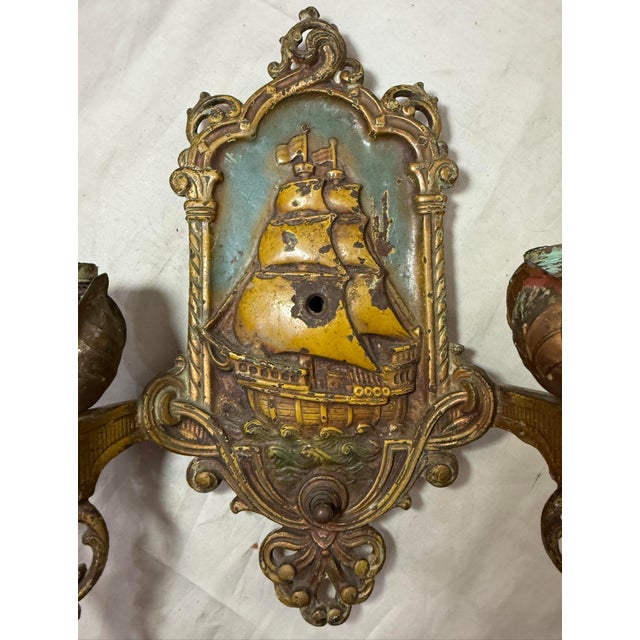 1920s Antique Lincoln Spanish Galleon Electric Wall Sconces Fixtures Ship - a Pair For Sale - Image 5 of 11