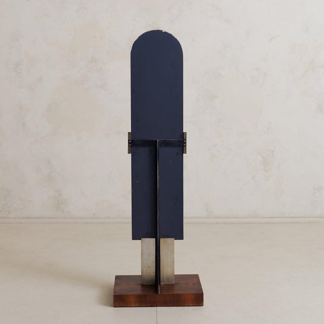 Italian Brutalist Floor Mirror with Embossed Metal + Wood Base, 1970s For Sale In Chicago - Image 6 of 11