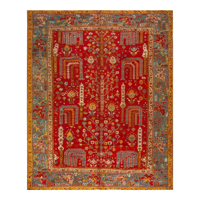 1890s Red Rust Weeping Willow Pile Anrique Turkish Oushak Rug 11' 5'' X 14' 6'' Wool Carpet For Sale