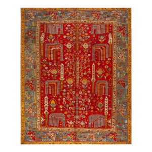 1890s Red Rust Weeping Willow Pile Anrique Turkish Oushak Rug 11' 5'' X 14' 6'' Wool Carpet