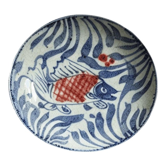 Chinese Ceramic Plate,Blue and White Porcelain Plate Hand Painted Fish Pattern For Sale