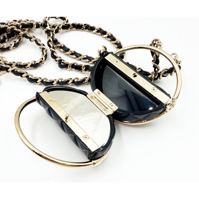 Chanel Brand New Gold CC Black Hula Bag Mirror Large Charm Long Necklace For Sale In Los Angeles - Image 6 of 7