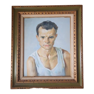 1960s Oil Portrait Painting of a Man in a Wifebeater Vest For Sale