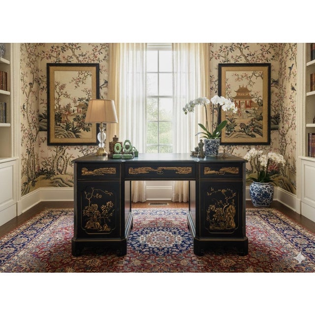 Chinoiserie Hand Painted Black Lacquer Partners Desk For Sale - Image 12 of 12