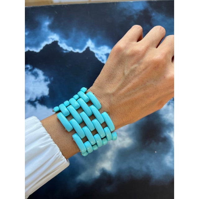 Teal Blue Turquoise Fancy Cabochon Elongated Link Wide Unique Statement Bracelet For Sale - Image 10 of 10