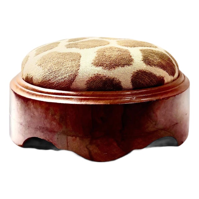 Late 19th Century English Burled Walnut Footstool With Giraffe Cut Velvet Upholstery For Sale