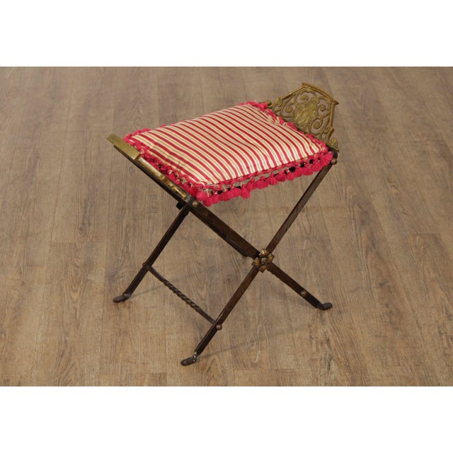 High Quality Antique Wrought Iron Stool with Decorative Gilt Scroll Seat with Custom Upholstered Cushion on an X Frame, in...