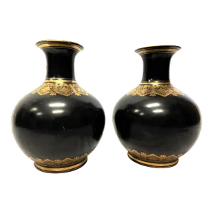 Early 20th Century European Porcelain Vases-Black With Gilt Decoration