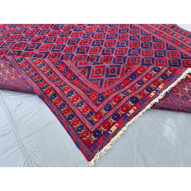 Mushwani Red and Blue Andkhoy Hand-Knotted Wool Rug - 6'4" X 9'11" For Sale - Image 10 of 11