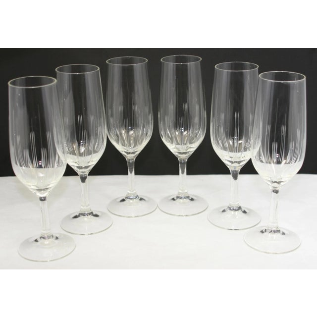 Mid Century Modern Century Champagne Flutes Clear Crystal With Incised Vertical Lines Set of 6 For Sale - Image 10 of 12