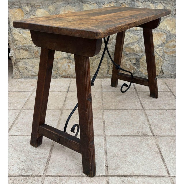 Wood Early 20th Century Spanish Table with Wrought Iron Cross Stretchers For Sale - Image 7 of 7