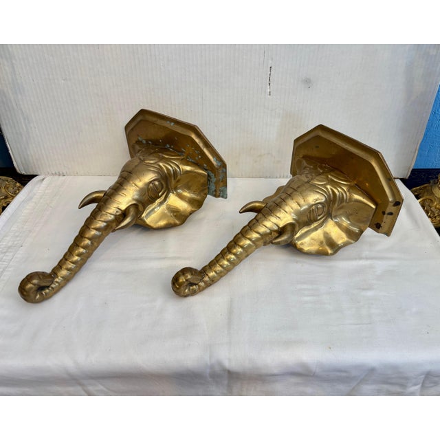 Metal Pair of 1930s Brass Elephant Head Motif Wall Brackets For Sale - Image 7 of 11